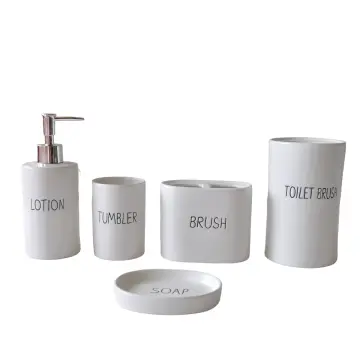 Minimalist White Stoneware Bathroom 5-Piece Set with English Labels