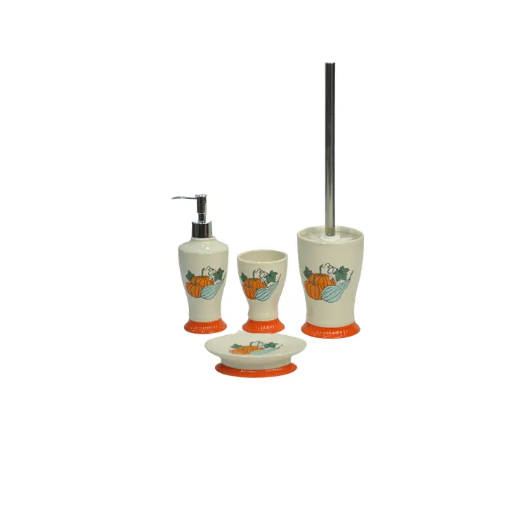 Harvest Festival Ceramic Bathroom Set - 4-Piece Collection with Lotion Dispenser, Cup, Toilet Brush & Soap Dish