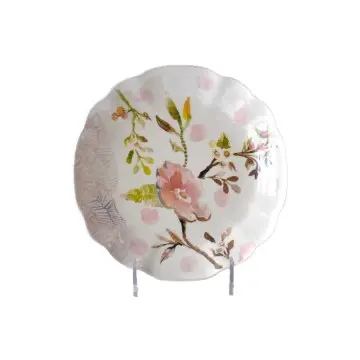 Watercolor - Style Pink Floral Scalloped - Edge Ceramic Dinner Plate