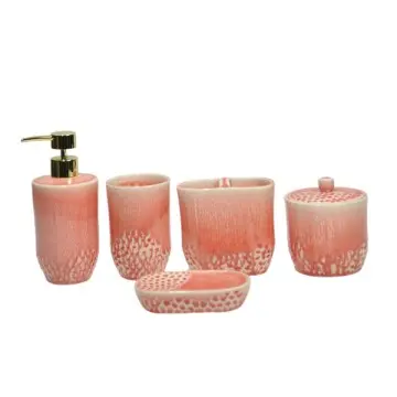 Special Textured Design Pink Glazed Ceramic Bathroom Accessories Set