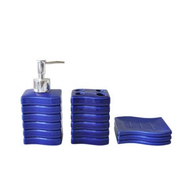 Deep Blue Wave-Textured Ceramic Bathroom 3-Piece Set
