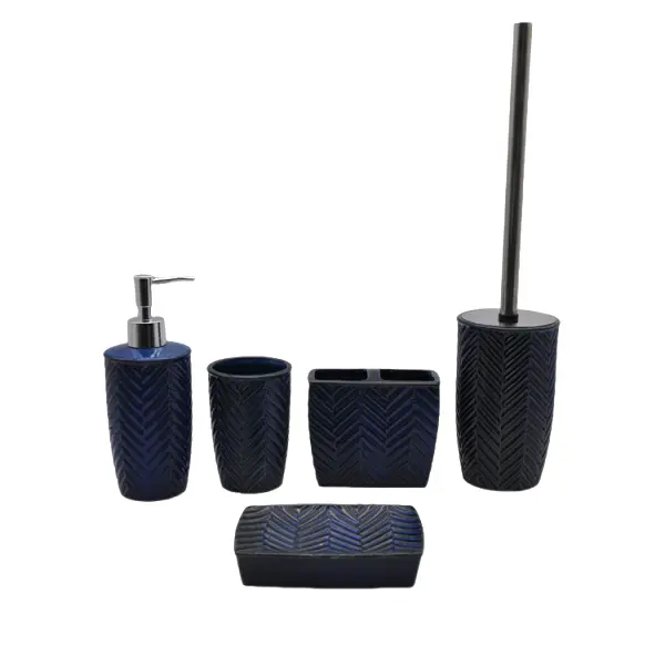 Deep Blue Herringbone - Textured Stoneware Bathroom 5 - Piece Set
