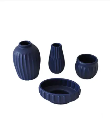 Modern Minimalist Deep Sea Blue Matte Ribbed Ceramic Vase Set