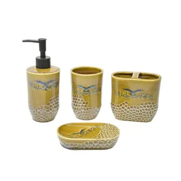 Light Brown Glazed Halloween Ceramic Bathroom Set with Honeycomb Texture & Bat Motifs