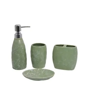 Matte Light Green Crackle Glaze Stoneware Bathroom 4 - Piece Set