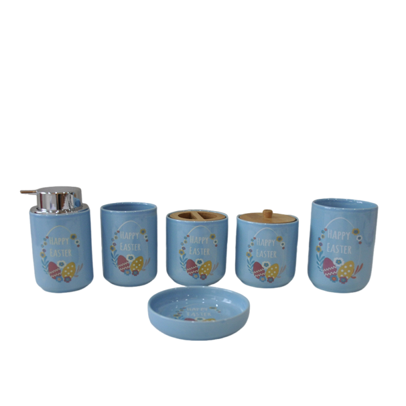 Easter Themed Light Blue Stoneware Bathroom Accessory Set