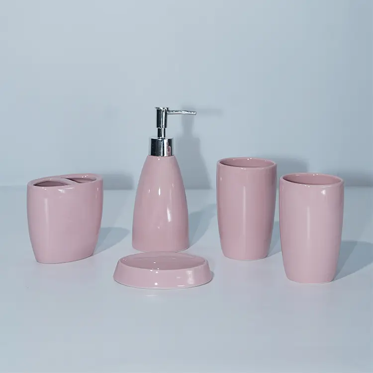 Wholesale Low Price Ceramic Home Decor 5 Pieces Shiny Pure Color Glazed Bathroom Accessories Set (12).jpg