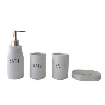 Minimalist White Stoneware Bathroom Accessory Set with "BATH" Text