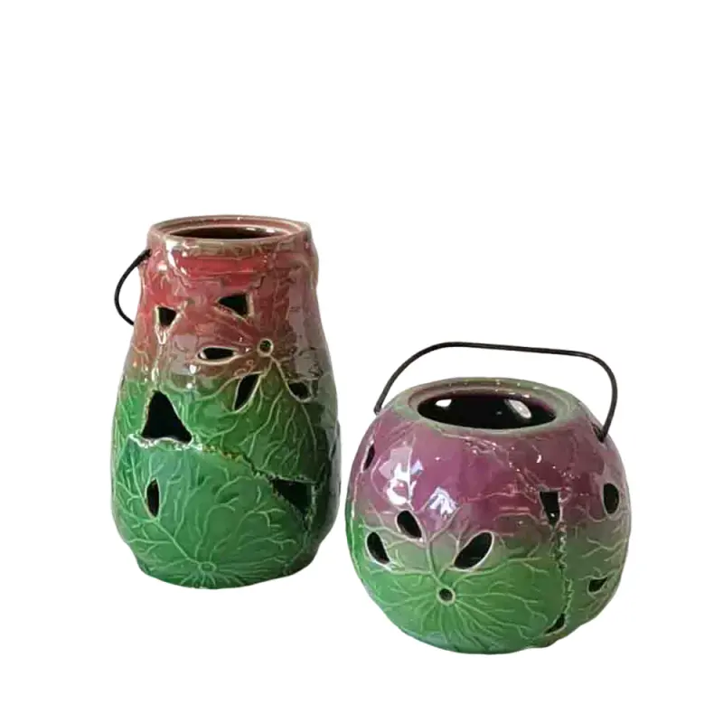 Artistic Gradient Color Leaf - Embossed Cutout Ceramic Candle Holders with Handles