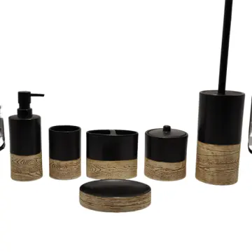 Black and Brown Wood Grain Stoneware Bathroom 6-Piece Set