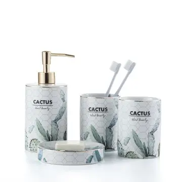 Ins-Style Cactus Pattern Ceramic Bathroom 4-Piece Set