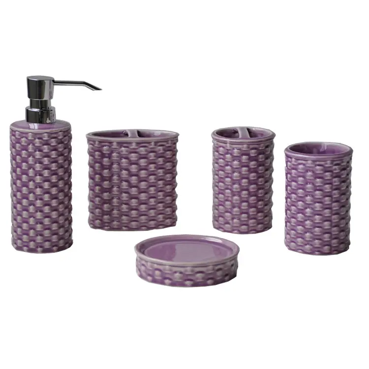 Modern Minimalist Woven - Texture Embossed Purple Ceramic Bathroom Accessory Set
