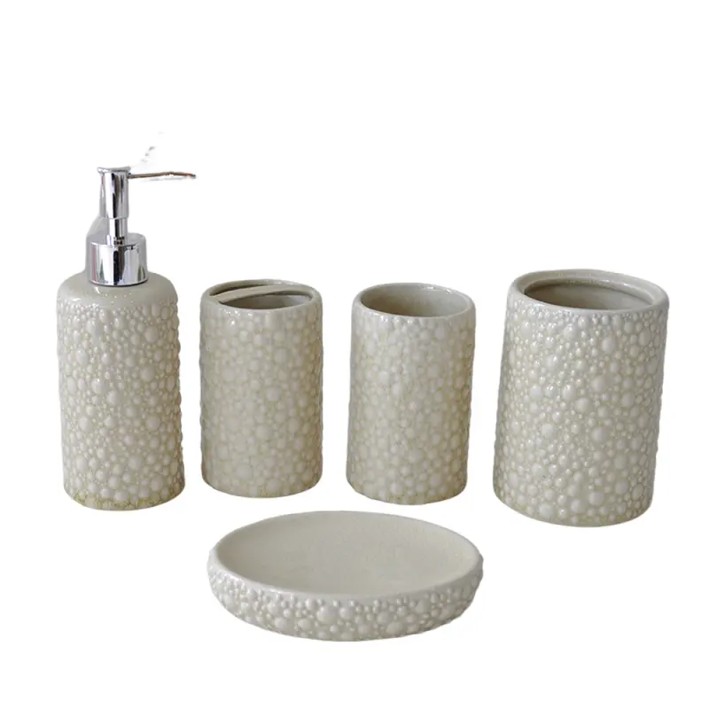 Pale Yellow Bubbled-Texture Ceramic Bathroom 5-Piece Set