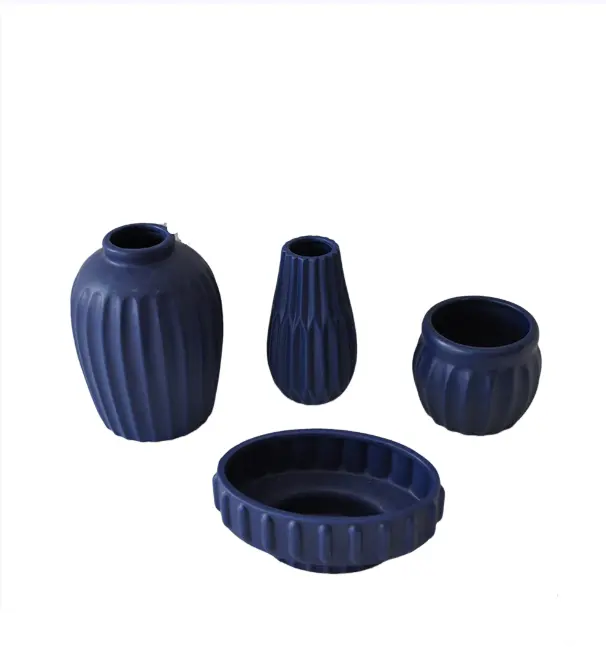 Modern Minimalist Deep Sea Blue Matte Ribbed Ceramic Vase Set