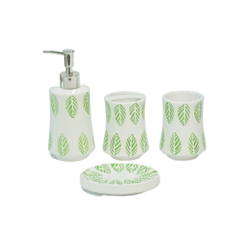 White Base Green Leaf Print Dolomite Bathroom 4-Piece Set