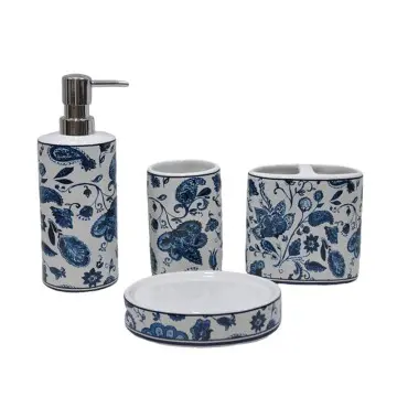 Blue and White Floral Paisley Glossy Glazed Dolomite Bathroom 4 - Piece Set