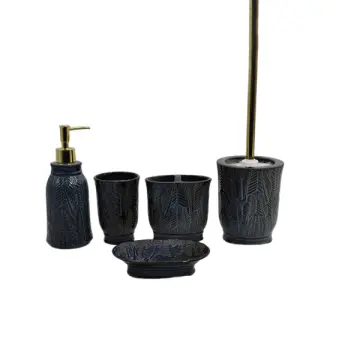 Deep Blue Leaf Vein Embossed Ceramic Bathroom 5-Piece Set