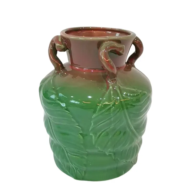 Artistic Tropical Leaf - Embossed Red - Brown to Green Gradient Ceramic Vase with Three Loop Handles