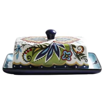Bohemian Hand-Painted Floral Ceramic Butter Dish Set