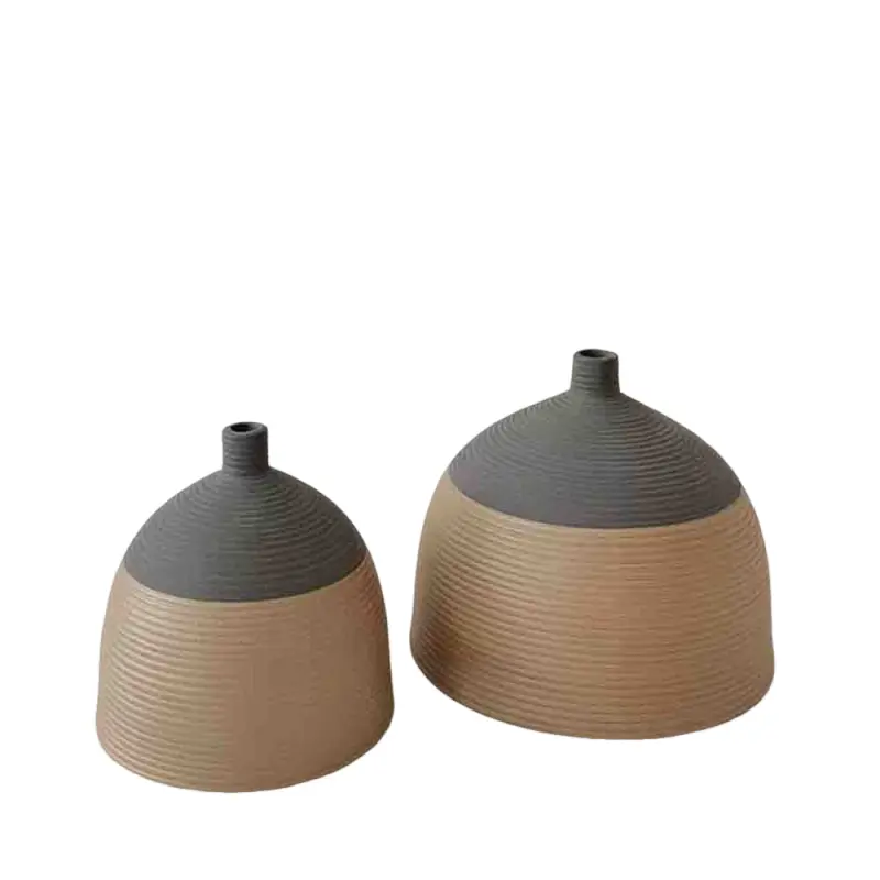 Brown Beige & Gray Two-Tone Vertical Striped Dome-Shaped Vase