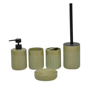 Light Olive Green Ribbed Ceramic Bathroom Accessory Set - Minimalist Modern Design