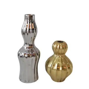 Luxury Titanium-Plated Vertical Striped Gourd-Shaped Ceramic Vase Set