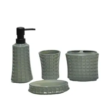 Gray Green Grid Embossed Ceramic Bathroom 4-Piece Set