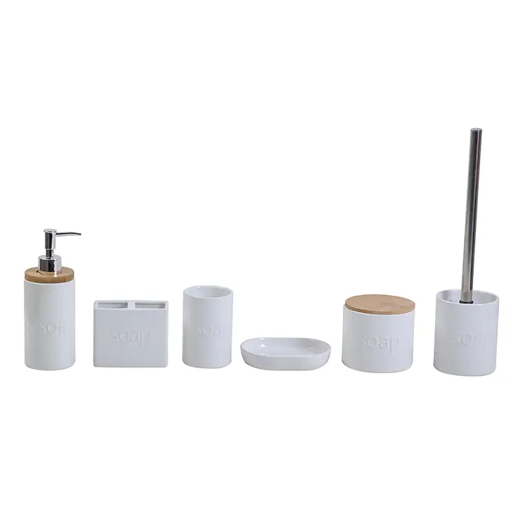 Modern Minimalist White Ceramic & Wood - Trimmed Embossed Bathroom Accessory Set