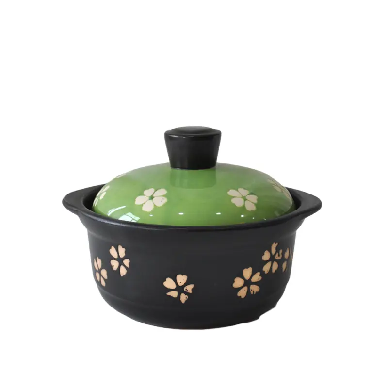 Japanese Black & Green Contrast Cherry Blossom Ceramic Casserole