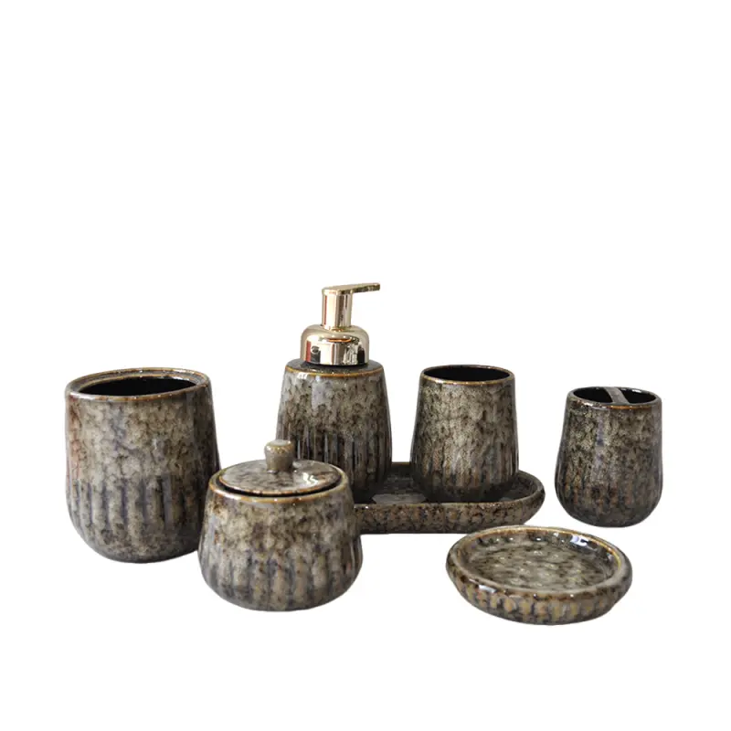 Wabi-Sabi Dark Brown Kiln-Changed Vertical Striped Stoneware Bathroom Accessory Set
