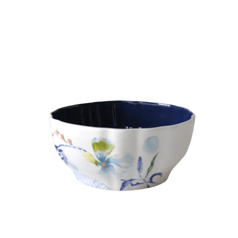 Watercolor Style Color Block Hand Painted Floral Ceramic Bowl with Scalloped Edge