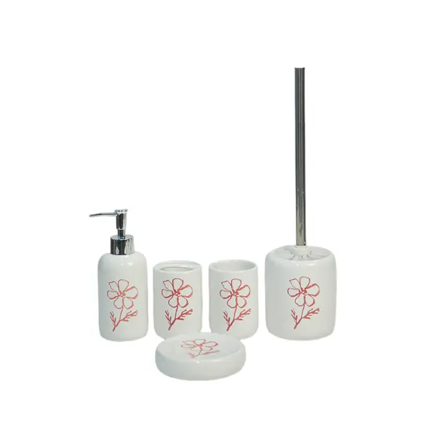 White Base Red Floral Hand-Painted Dolomite Bathroom 5-Piece Set