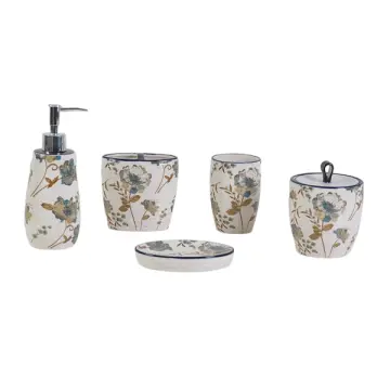 Vintage Blue Floral - Patterned Ceramic Bathroom Accessory Set