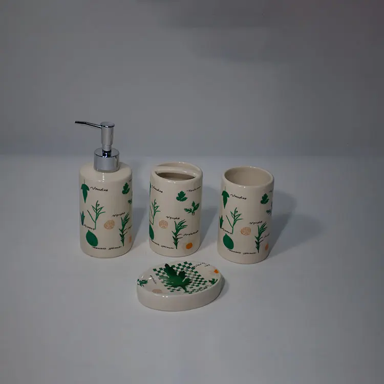 Printing 4pcs Custom Lovely Ceramic Wash Hands Bottle Ceramic Bathroom Accessories Set