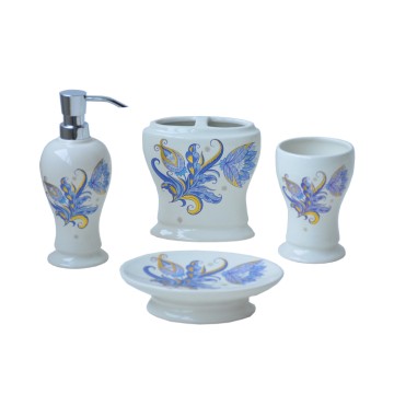 Vintage Blue - Yellow Floral - Patterned Ceramic Bathroom Accessory Set