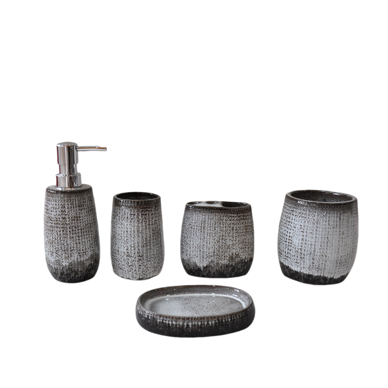 Gray-Black Gradient Fabric-Textured Ceramic Bathroom Accessory Set