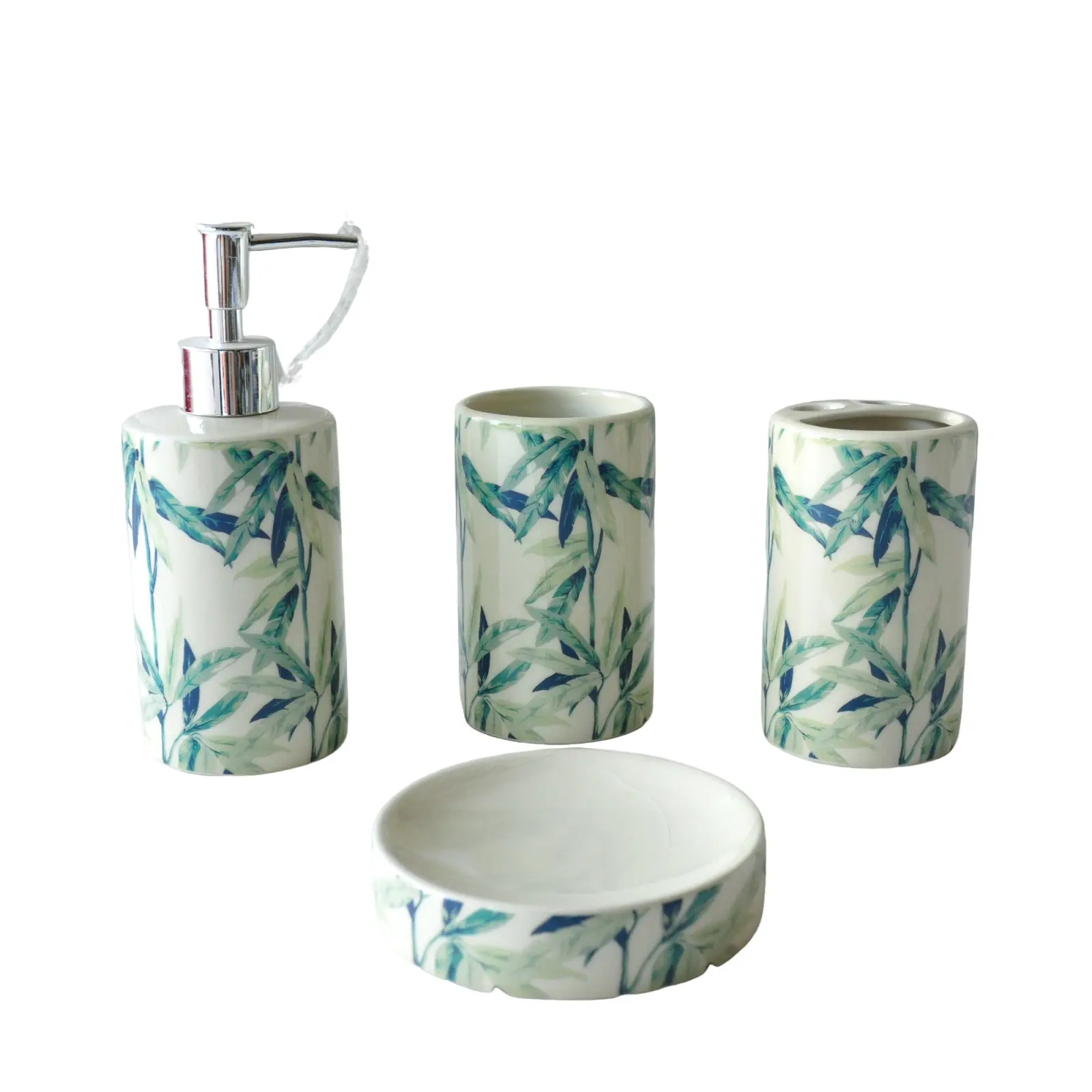 Fresh Blue Green Bamboo Leaf Printed Ceramic Bathroom Set