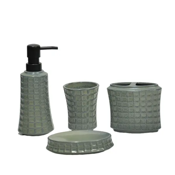 Gray Green Grid Embossed Ceramic Bathroom 4-Piece Set