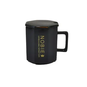 Minimalist Luxury Matte Black Octagonal Ceramic Coffee Mug with Lid