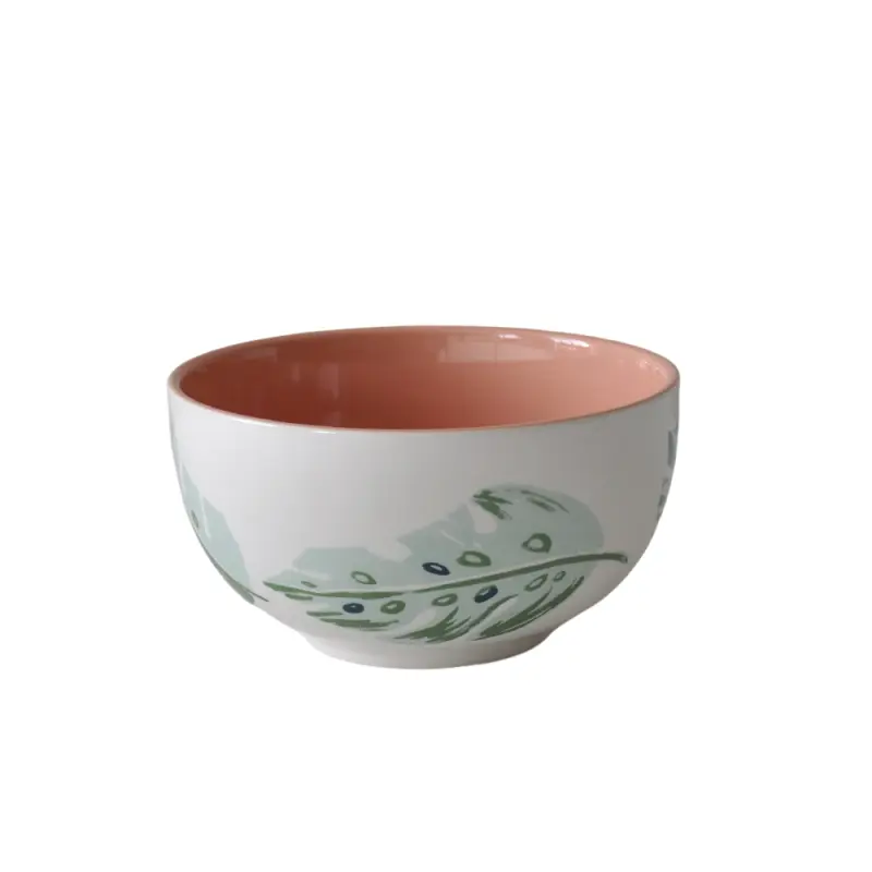 Color Block Pink Interior Hand Painted Monstera Leaf Ceramic Bowl