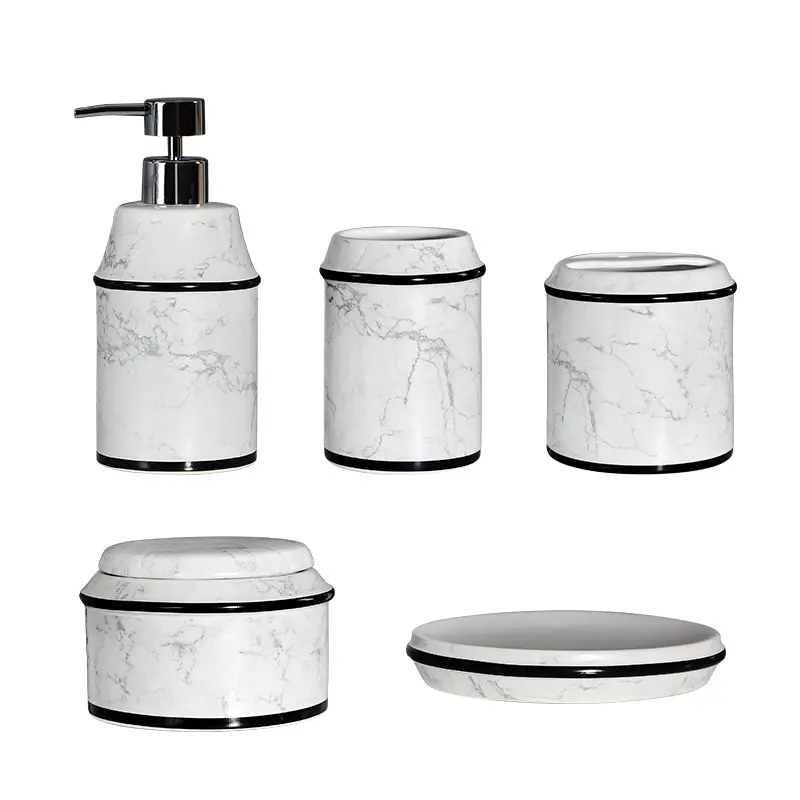Marble Pattern Black Trim Ceramic Bathroom 5-Piece Set