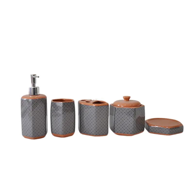 Gray & Orange Geometric - Patterned Stoneware Bathroom 5 - Piece Set