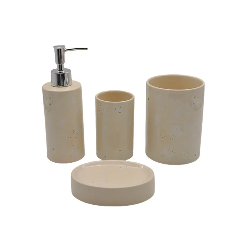 Cream - Beige Subtle Floral Stoneware Bathroom 4 - Piece Set