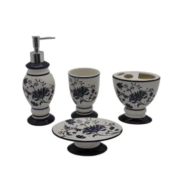 European Blue & White Floral Ceramic Bathroom 4-Piece Set