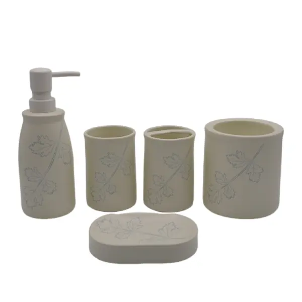 Cream White with Light Blue Plant Leaf Ceramic Bathroom 5-Piece Set