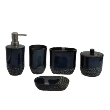 Deep Sea Blue Honeycomb Pattern Ceramic Bathroom 5-Piece Set