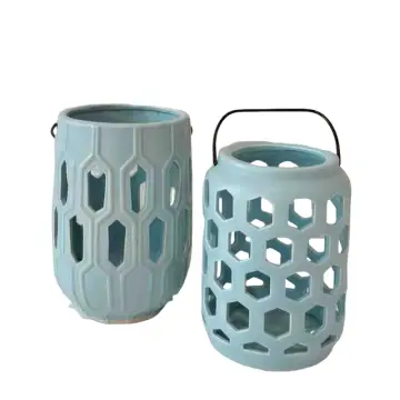 Modern Light Blue Hexagonal Cutout Ceramic Lantern Set