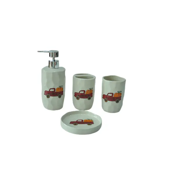 Autumn Harvest Ceramic Bathroom Kit: Complete 4-Piece Set with Toothbrush Holder, Lotion Dispenser, Cup & Soap Dish
