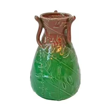 Dual - Handled Tropical Leaf - Embossed Gradient Green & Brown Ceramic Vase | Artistic Home Decor