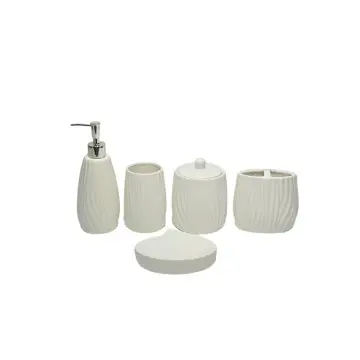 Modern Minimalist White Ripple-Textured Stoneware Bathroom Accessory Set